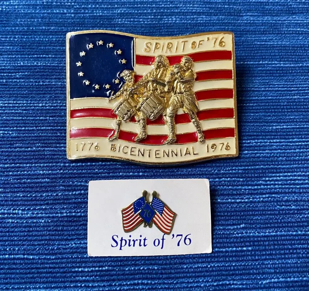 VTG Spirit Of 76 Enamel Belt Buckle & Pin Bicentennial Flag 13 Stars 1776 1976